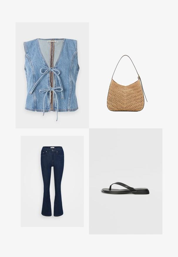 Blå denimvest med dyb V-udskæring, frontlukning med bånd og ærmeløs design. Har synlig syning og rå kant.; Mørkeblå denim flared jeans med et klassisk fem-lomme design, metal knaplukning og syninger på lommerne.; Sorte flip-flops lavet af glat læder, med et tyndt remdesign og en flad sål med et minimalt profil. Ingen bemærkelsesværdige mønstre eller accenter.; Vævet stråskuldertaske med en buet form, prydet med en mørk læderrem og en tekstureret overflade med et chevronmønster.