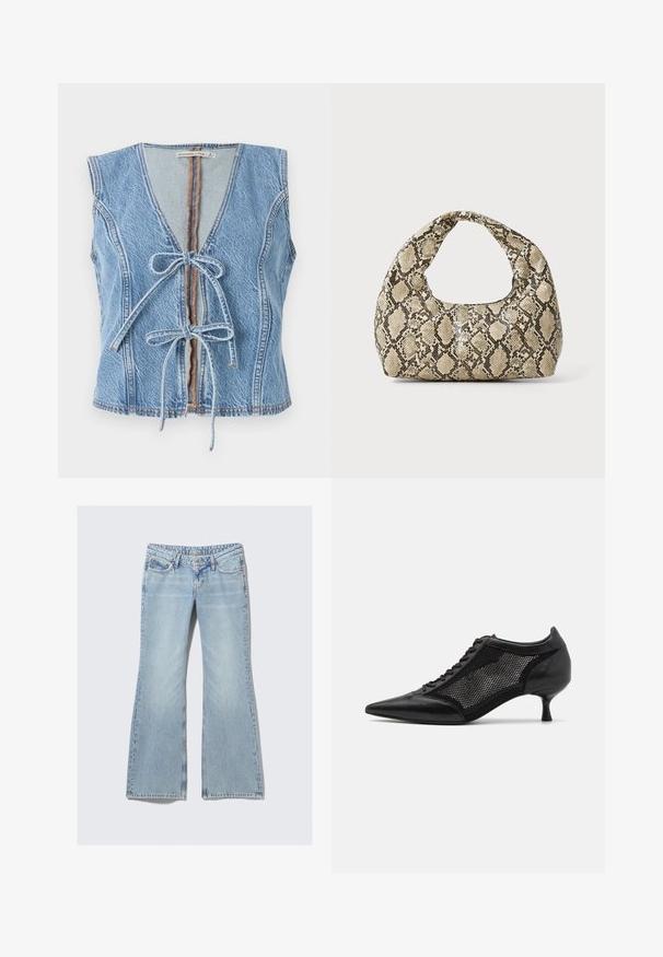 Blå denimvest med dyp V-hals, frontknyting og uten ermer. Har synlige sømmer og en rå avslutning.; Weekday NOVA - Jeans slim fit - lip blue; Svart spiss tå-sko med meshpaneldesign, med lav hæl og snøring foran. Laget av en kombinasjon av lær og meshmateriale.; Veske med slangeskinnmønster og krummet håndtak. Laget av teksturerte, beige og brune materialer, med et særegent diamantmønster.