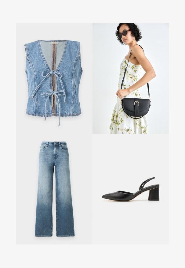 Blauwe denimvest met een diepe V-hals, sluiting aan de voorkant met een strik en een mouwloos ontwerp. Heeft zichtbare stiksels en een ruwe zoom.; Snijdemim jeans met wijde pijpen in een lichtblauwe wassing, voorzien van een hoge taille, vijf-pocketontwerp en subtiele vervaging op de stof. Klassieke metalen knoopsluiting.; Zwarte puntschoen met slingback, gemaakt van soepel leer, met een lage blokhak en dunne banden aan de achterkant voor een veilige pasvorm.; Zwarte leren handtas met een gebogen vorm, afneembare schouderband en gouden hardware. De tas heeft een klep met een gespsluiting.