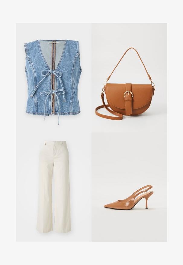 Sininen farkkutakki, jossa on syvä V-pääntie, etupainike ja hihaton muotoilu. Sisältää näkyvää ompelua ja raakamaisen helman.; Tilavat housut vaaleassa beigeissä sävyissä, valmistettu sileästä kankaasta. Ominaisuuksina klassinen vyötäröosa ja litteä etuosa, joissa on puhtaat linjat.; Korkokenkä, jossa on terävä kärki ja avonainen kanna, valmistettu sileästä, kiiltävästä ruskeasta materiaalista. Sisältää kaarevan leikkuun muotoilun ja hoikan stilettokannan. Hopeinen solkiyksityiskohta.; Ruskean nahkainen olkalaukku, jossa on kaareva muoto, kultaiset yksityiskohdat ja solkiyksityiskohta. Varustettu irrotettavalla olkahihnalla.