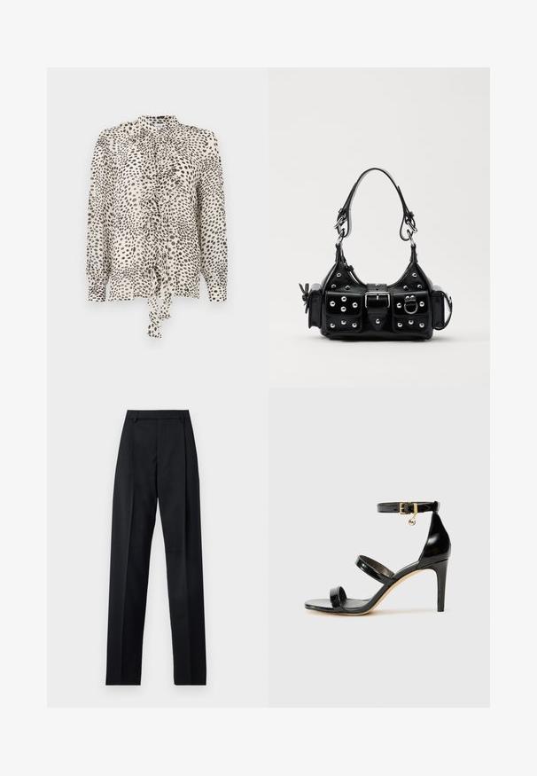 Long-sleeve blouse in lightweight fabric featuring a ruffled front, collar, and a spotted pattern in black on a cream background.; Black trousers made from smooth fabric featuring a high waist, wide legs, front pleats, and classic belt loops. No side pockets visible.; Black patent leather sandal with three straps, ankle buckle, and 4-inch stiletto heel. Features gold hardware detail and logo charm.; Black leather handbag with a curved design, featuring silver studs, a buckle, and two side pockets. Adjustable strap for carrying options.