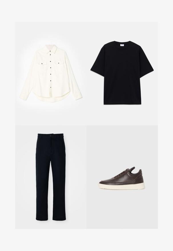 White button-up shirt with long sleeves, two chest pockets, black buttons, and a curved hemline. Made from a soft, textured fabric.; Black short-sleeve oversized T-shirt with round neckline and visible Filippa K brand label inside the collar.; Navy blue trousers made of cotton, featuring a straight-leg design, a front button closure, and classic waistband with belt loops.; Dark brown textured leather sneaker with lace-up front and white ridged rubber sole on a plain light background.