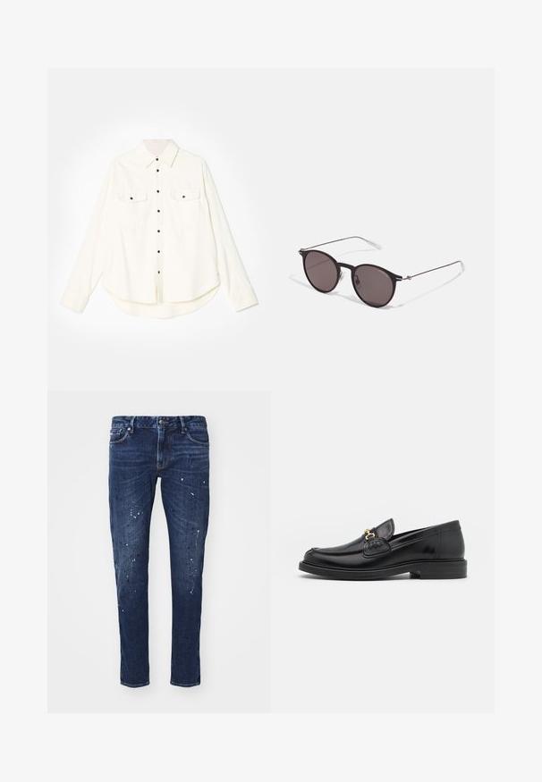 Valkoinen nappipaita, jossa on pitkät hihat, kaksi rintataskua, mustat napit ja kaareva helma. Valmistettu pehmeästä, teksturoidusta kankaasta.; Musta puuvillapaita, jossa on pyöreä kaula-aukko, lyhyet hihat ja valkoinen "EMPORIO ARMANI" -logo, jonka yläpuolella on kaarevassa muodossa "Milano".; Tummansiniset farkut, joissa on kapea malli, maalitahroja, näkyviä saumoja ja perinteinen viisi-taskumalli. Suora lahje.; Musta nahkainen loafers-tyylinen kengät, joissa on pyöreä kärki, kultaiset yksityiskohdat ja ompelutiedot, asetettu matalalle, teksturoidulle kumipohjalle.; Musta pyöreä aurinkolasit tummilla linsseillä ja kapeilla metallikehyksillä. Sisältää kirkkaat temppelet ja hopeiset yksityiskohdat saranassa. Minimalistinen muotoilu.