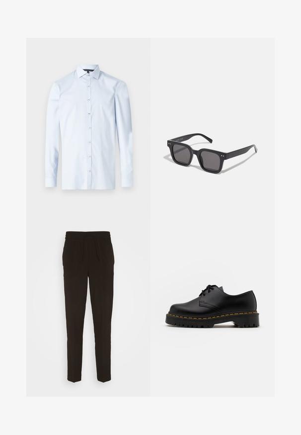Camisa de manga longa azul-claro feita de algodão, com fecho de botões, colarinho pontudo e detalhe interior da gola em padrão contrastante.; Calças pretas, longas e afuniladas, feitas de um material suave e liso. Apresentam uma cintura elástica com cordão para ajuste.; Sapato de pele preta com atacadores, bico arredondado, sola de borracha texturizada e costura amarela à volta da base. Design plano e acabamento liso.; Óculos de sol retangulares pretos com lentes escuras, apresentando uma armação grossa, acentos discretos nas laterais e sem logótipos visíveis além do nome da marca.