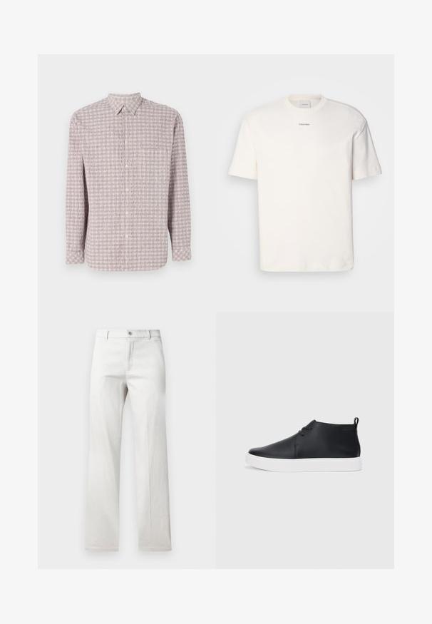 Camicia a maniche lunghe, con bottoni, di colore rosa chiaro con un motivo a quadrati testurizzati. Tessuto di cotone, colletto classico e chiusura con bottoni.; T-shirt bianca in cotone con scollo rotondo, maniche corte e logo ricamato "Calvin Klein" al centro del petto. Design semplice.; Pantaloni grigi chiari dallo stile a gamba dritta, realizzati in un tessuto morbido, con chiusura frontale a bottoni e tasche laterali.; Sneakers alte in pelle nera con finitura liscia, suola in gomma bianca e un design semplice con lacci. Presentano un occhiello sul retro.