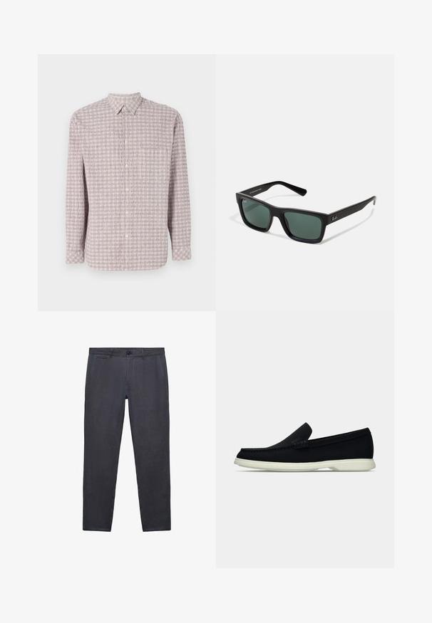 Lange mouwen, knoopsluiting overhemd in lichtroze met een gestructureerd vierkant patroon. Katoenen stof, klassieke kraag en knoopsluiting.; Donkergrijze broek van gestructureerde stof, met schuine voorzakken, een knoopsluiting en een slanke pijpdesign.; Zwarte instapper met een ronde neus, voorzien van een textuur bovenwerk, gladde witte zool en subtiele merktekens aan de zijkant.; Zwarte rechthoekige zonnebril met groene lenzen, voorzien van een matte afwerking, rechte pootjes en het Ray-Ban-logo aan de zijkant.