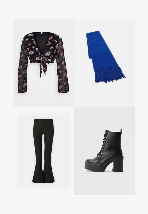 Bluză neagră, scurtă, cu decolteu adânc în V, mâneci lungi din material transparent și un șnur în față. Are un model de scoici în roșu, albastru și alb pe un fundal închis.; Pantaloni negri evazați dintr-un material neted, cu talie înaltă, dotat cu două închideri cu nasturi și o siluetă elegantă.; Cizmă din piele neagră până la gleznă, cu toc chunky și un aspect texturat, având sistem de prindere cu șireturi în partea din față. Include o bandă în spate pentru o purtare ușoară.; Fular împletit de culoare albastră, cu capete franjurate, textură netedă, formă rectangulară și culoare uniformă pe întreaga suprafață. Potrivit pentru vreme rece.
