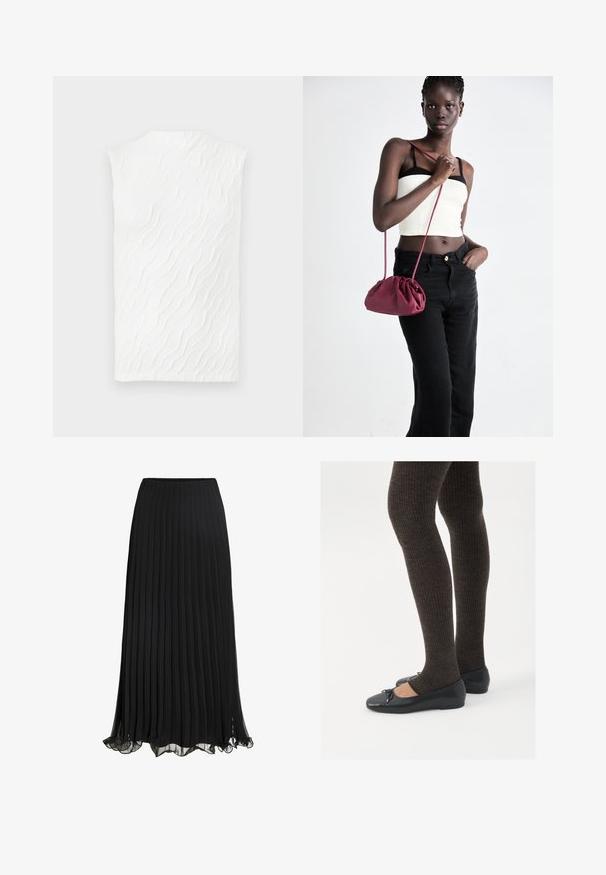 Hvit ermeløs topp med et teksturert bølgemønster, høy hals og en lett innsvingt silhuett. Glatt stoff med mild dimensjon.; Svart plissert maxiskjørt laget av lett materiale med et flytende design. Har en volangkant og elastisk midje for komfort.; Sorte flate sko med en liten sløyfedetalj på tåen, kombinert med mørkebrune ribbede strømpebukser. Skoene har en glatt overflate og lav profil.; Burgunderfarget myk stoffhåndveske med en samlet design og en lang stropp, båret som en crossover. Modellen har på seg en hvit crop-top og svarte jeans.