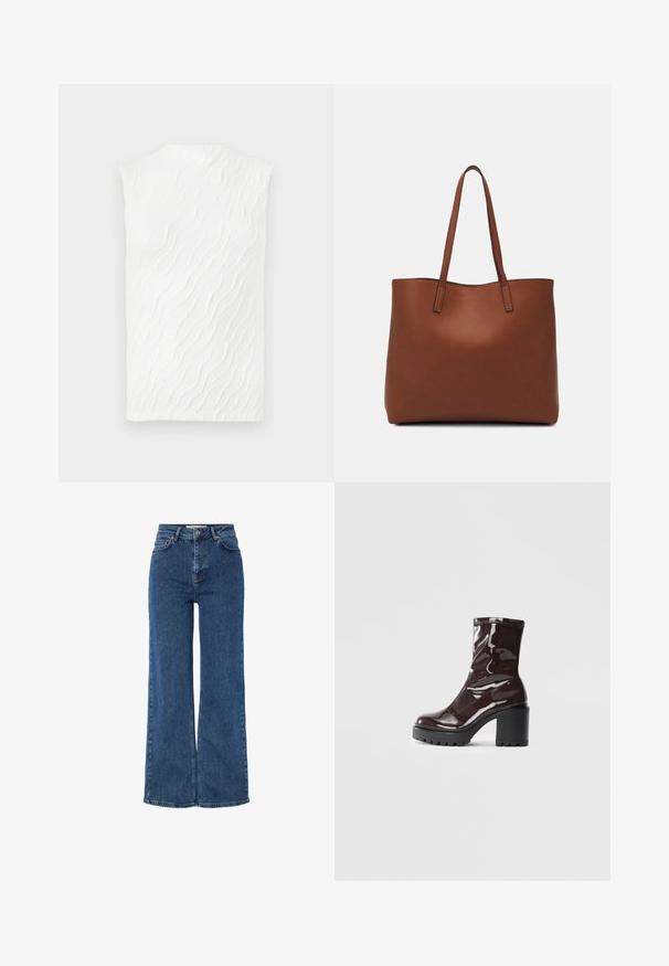 Valge ilma varrukateta särk, millel on tekstuuriline laine muster, kõrge kaelus ja veidi liibuva siluettiga. Sile kangas, millel on peen mõõt.; Kõrge vöökohaga sinised denim püksid laiade jalgadega, traditsioonilise viie tasku disainiga, metallist nupuga kinnitamine ja kontrastselt õmmeldud detailidega.; Klakav läikiv burgundi värvi pahkluu saabas, millel on paks must konts, sile tekstuur ja lihtne disain. Nähtavad kinnitused või mustrid puuduvad.; Pruun nahast tote-kott, millel on sile tekstuur, avatud ülaosa disain ja kaks õlarihma. Omab minimaalset õmblust ja nähtavat riistvara ei ole.