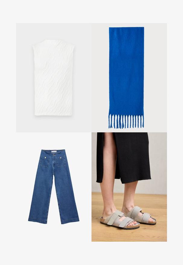 Vit ärmlös topp med en strukturerad vågmönster, hög halsringning och en något figurnära silhuett. Slätt tyg med subtil dimension.; Jeans med vida ben i denim med en mellanblå tvätt, två framfickor med knäppningar och sydda detaljer längs fållarna.; Grå slide-sandaler med två justerbara remmar och en korkfotbädd, placerade på ett trägolv och en randig svart kjol.; Blå fransad scarf gjord av mjukt tyg; har en enhetlig färg med en texturerad yta och jämnt klippta fransar i botten.