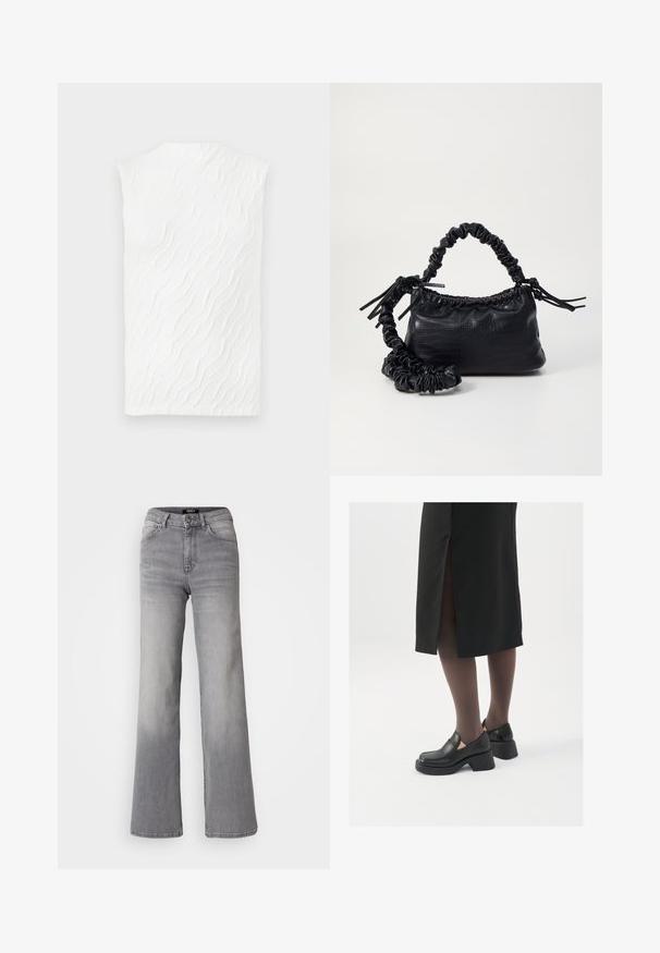Top bianco senza maniche con un motivo a onde testurizzato, scollatura alta e una silhouette leggermente aderente. Tessuto liscio con una sottile dimensione.; Jeans in denim grigiop con vita alta e gamba dritta, con bottone e cerniera frontali, tasche anteriori e posteriori, e sfumature sbiadite su cosce e polpacci.; Scarpe in pelle nera con punta arrotondata, tacco spesso a blocco e accenti laterali in elastico, abbinate a collant scuri e una gonna nera con uno spacco.; Borsa a tracolla in ecopelle nera con texture a coccodrillo, apertura cinchata e tracolla arricciata. Si presenta con un design morbido e compatto.