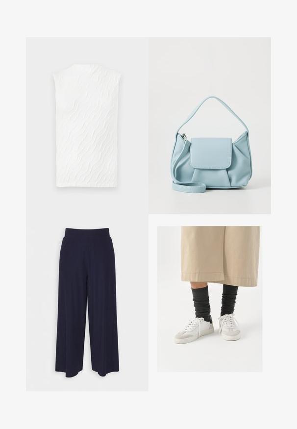 Biely top bez rukávov so štruktúrovaným vlnkovým vzorom, vysokým výstrihom a mierne priliehavým strihom. Hladká tkanina s jemnou dimenziou.; Široké nohavice z tmavomodrej látky s ribbovanou textúrou. Obsahujú hladký pás a voľný siluetu, s dĺžkou po stred lýtok.; Biele a šedé tenisky s čiernym akcentom na päte, s hladkým koženým zvrškom a textúrovanou semišovou špičkou. Nosené s tmavošedými voľnými ponožkami.; Svetlomodrá kožená kabelka s hornou rukoväťou, prednou klopou a odnímateľným zápästným popruhom na bielom pozadí.