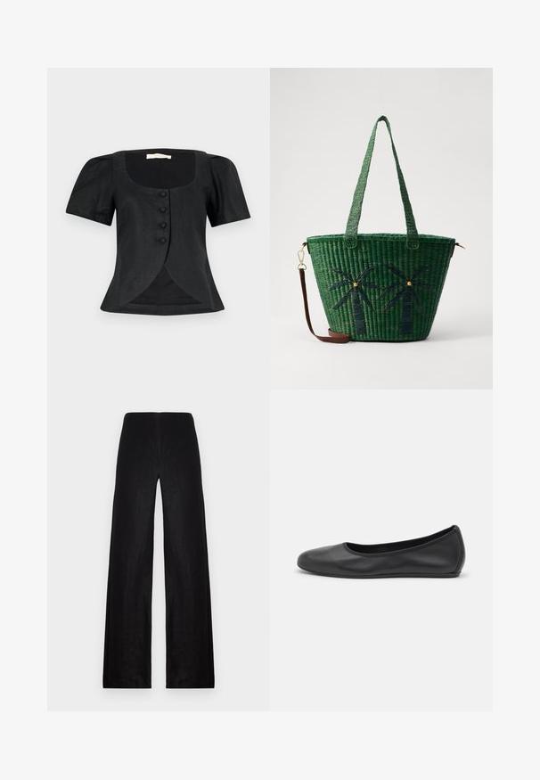 Melna īsām piedurknēm blūze ar kvadrātveida dekoltē, ar pieguļošu siluetu, sešām priekšējām pogām un vieglu vājo piegriezumu apmalē.; Melnas platās bikses izgatavotas no viegla auduma. Tām ir augsta jostas vieta, gluda virsma un tīras līnijas bez kabatām vai rotājumiem.; Melna ādas baleta kurpe ar noapaļotu purngalu, gludu tekstūru, minimālu šuvju detalizāciju un elastīgu zoles dizainu.; Zaļš austs iepirkuma maisiņš ar palmu koku dizainiem tumšā zaļā krāsā; ar divām rokturiem un noņemamu brūnu ādas siksnu.