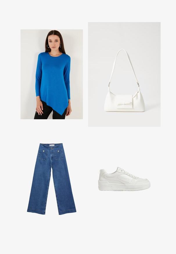 Långärmad topp i klarblått, med rund halsringning och asymmetrisk nederkant. Materialet är mjukt och något figurnära.; Jeans med vida ben i denim med en mellanblå tvätt, två framfickor med knäppningar och sydda detaljer längs fållarna.; Vita lädersneakers med slät yta, vadderad ankel och perforerad tå. Har en något upphöjd gummisula och snörningsdesign.; Vit syntetisk handväska med triangulär form, platt framklaff och rosettdetalj, justerbar rem, slät textur och minimalistisk design.