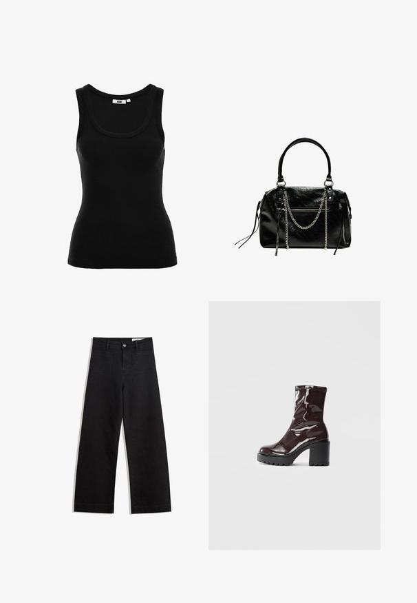 Fekete ribbeltartalmú ujjatlan topp, kerek kivágással és testhezálló fazonnal. Belső címkén található méretjelzés.; Fekete, bő szabású farmernadrág magas derékkal, elülső és hátsó zsebekkel, varrott felületekkel és gombos záródással. Sima textúra.; Fényes bordó bokacsizma vastag fekete sarokkal, sima felülettel és egyszerű dizájnnal. Nincsenek látható zárak vagy minták.; Bershka WITH CHAIN - Kézitáska - black