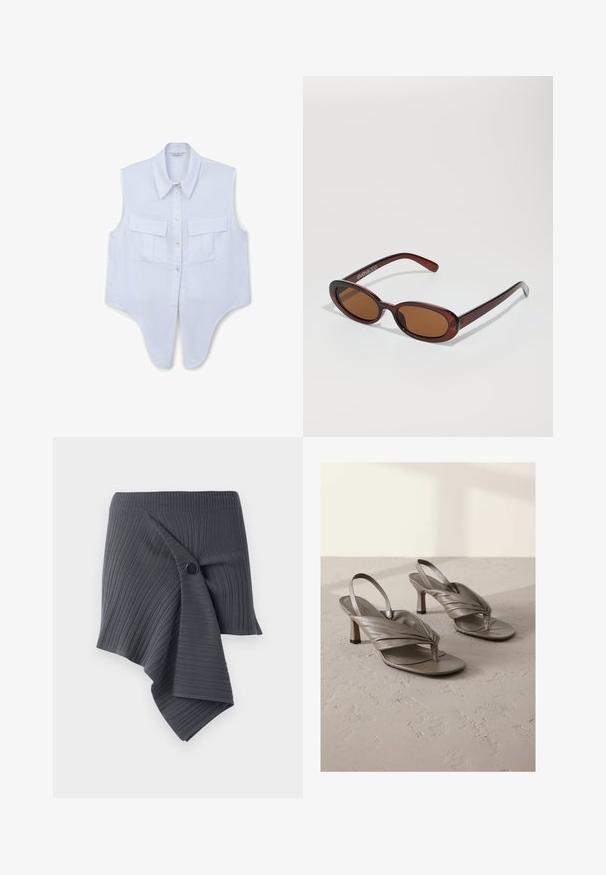 Camicetta bianca senza maniche con colletto a punta, dotata di due tasche anteriori a toppa, chiusura con bottoni e orlo curvo. Materiale in cotone.; Gonna avvolgente a coste grigia scura con design torcigliato e un'accensione a bottone nero rotondo. Realizzata in un materiale testurizzato e elasticizzato.; Sandali azzurri in pelle con tacco alto a slingback, con fasce frontali intrecciate e punta quadrata, caratterizzati da un tacco medio e una superficie testurizzata.; Occhiali da sole rotondi con tonalità marrone, montatura lucida color bordeaux. Aste sottili con un sottile dettaglio del marchio. Design delle lenti piatte.; ALDO THALELI - Borsa a mano - navy