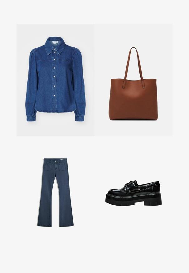 Denim shirt with a structured collar, long puff sleeves, and button front. Dark blue fabric with subtle texture and fitted waist.; Dark blue flared denim jeans with stitched pockets, a button closure, and a smooth texture. Features a classic five-pocket design.; Black patent leather shoe with a chunky platform, rounded toe, lace-up design, and silver-tone eyelets. Features textured, treaded sole.; Brown leather tote bag with a smooth texture, open top design, and two shoulder straps. Features minimal stitching and no visible hardware.