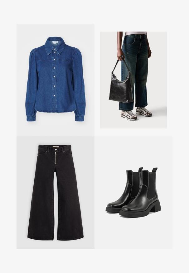 Denim shirt with a structured collar, long puff sleeves, and button front. Dark blue fabric with subtle texture and fitted waist.; Wide-leg jeans in black denim with a zippered front, five-pocket design, and subtle stitching details. Smooth texture and casual style.; Black leather Chelsea boots with a chunky heel, elastic side panels, and contrasting white stitching. Textured finish.; Black leather shoulder bag with a smooth texture and adjustable strap, paired with faded wide-leg jeans and athletic sneakers.