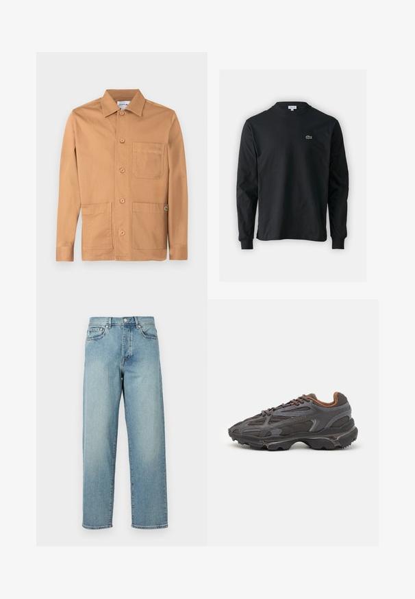 Brun bomullsjakke med krage, frontknappelukking og to påsydde lommer. Har en logo-detalj på nederste siden.; Svart langermet T-skjorte laget av bomull, med rund hals og en liten grønn brodert krokodillelogo på venstre bryst.; Lys blå denimjeans med løs passform, rette ben, fem-lomme-design og knappelukking i livet. Minimalistisk sømdetalj.; Lacoste-sneakers i mørkegrått med mesh- og syntetisk materiale, med en teksturert såle og brune detaljer på kragen og merket.