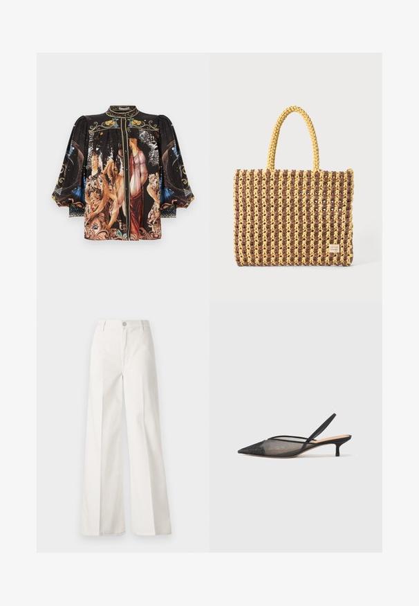 Zwart shirt met een kleurrijke print van figuren en natuur, voorzien van pofmouwen, een hoge kraag en een knoopsluiting aan de voorkant.; Witte wijde-broek gemaakt van katoen met een gladde textuur. Voorzien van een knoop aan de voorkant, ritsopening en vierzakkenontwerp.; NEOUS IRENA - Klassieke pumps - black; Geweven tas in bruin en geel, met een rechthoekige vorm, twee handvatten en een textuurafwerking met zichtbare stiksels en een merketiket.