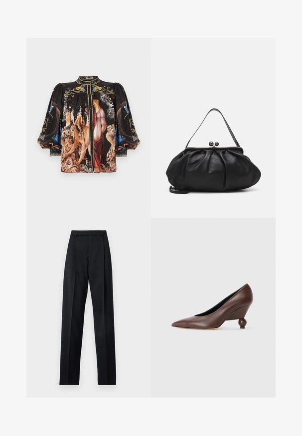 Black shirt featuring a colorful print of figures and nature, with puff sleeves, a high collar, and button front closure.; Black trousers made from smooth fabric featuring a high waist, wide legs, front pleats, and classic belt loops. No side pockets visible.; Brown leather wedge pump with a pointed toe and a rounded, ball-shaped heel. Smooth texture with a simple design and minimal accents.; Black leather handbag with a rounded, pleated design. Features a metallic clasp with two decorative balls and a slim, detachable strap.