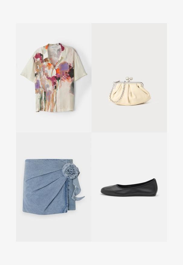Kratka srajca s kratkimi rokavi iz lahkega materiala, ki ima kremo barvno podlago z večbarvnim cvetličnim akvarelnim vzorcem in sproščenim krojem.; Denim ovitek v svetlo modri barvi, zapleteno nabiranje in dekorativni cvetni dodatek z visečo ribbo. Mehka tekstura in sproščen dizajn.; Črne usnjene balerinke z zaobljenim nosom, gladko teksturo, minimalnimi šivi in fleksibilno zasnovo podplata.; Zavihani bež usnjeni nahrbtnik s srebrnim kovinskim okvirom, ki ima dve okrogli okrasni zaponki in srebrno verižico.