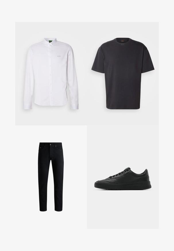 Hvit langermet skjorte med knapper laget av glatt stoff. Har klassisk krage, frontknapper, og brodert "BOSS"-logo på brystet.; Svart kortermet T-skjorte laget av bomull, med rund halslinning og subtil merkevare ved kragen. Glatt tekstur med en avslappet passform.; Sorte slim-fit jeans med fem lommer, knaplukning og bæltestropper, præsenteret mod en hvid baggrund.; Sorte sneakers med glatt skinnøvre, rund tå, flate lisser, polstret krage og minimalistisk design. Gummisåle med subtilt mønster.