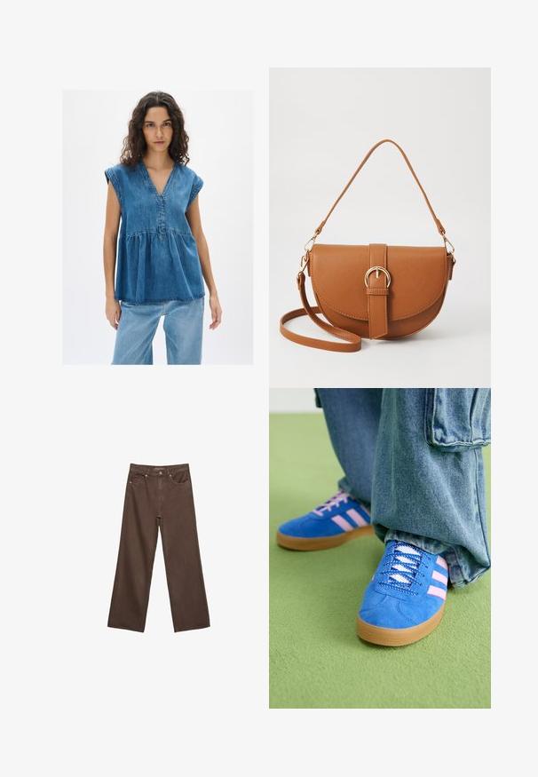 Denim-toppi, jossa on V-pääntie ja lyhyet hihat, uhkeasti muotoiltu yläosa, keskipitkä sininen pesu ja kontrastiväriset ompeleet.; Leviittävät ruskeat farkut, jotka on valmistettu denimistä, korkea vyötärö, etutaskut ja klassinen nappikiinnitys. Silkkinen pinta hienovaraisella ompelutyöllä.; Siniset mokkakengät, joissa on vaaleanpunaiset raidat ja valkoiset nauhat, kumipohjalla, yhdistettyinä löysiin denimgyneihin vihreällä pinnalla.; Ruskean nahkainen olkalaukku, jossa on kaareva muoto, kultaiset yksityiskohdat ja solkiyksityiskohta. Varustettu irrotettavalla olkahihnalla.