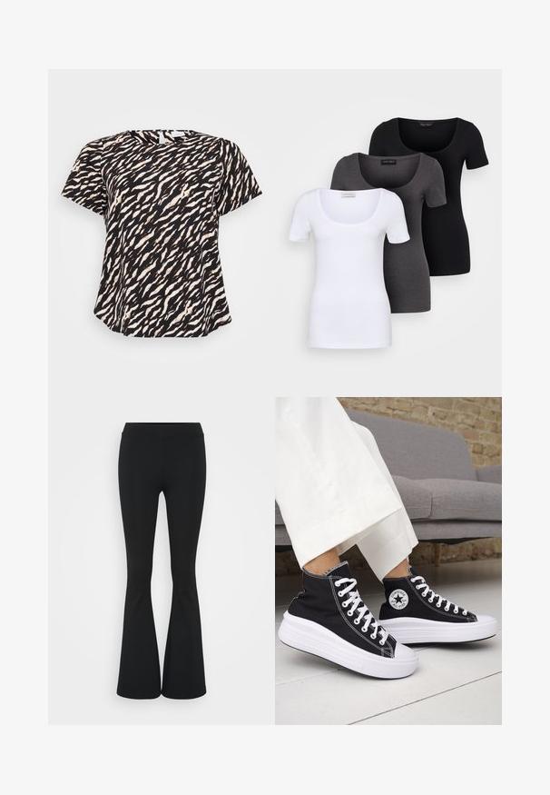 Top de manga curta em preto e branco com um padrão de listras de tigre onduladas. Tecido macio com um corte solto e decote redondo.; Três t-shirts ajustadas em branco, cinza e preto. Cada uma possui um decote amplo e mangas curtas. Feitas de um tecido liso e elástico.; Calças pretas de corte alargado feitas de tecido elástico, com uma cintura alta e uma textura suave. As calças alargam-se a partir do joelho.; Ténis pretos de cano alto com solas e atacadores em borracha branca. Apresentam um emblema redondo e costuras contrastantes em branco. Material em lona.