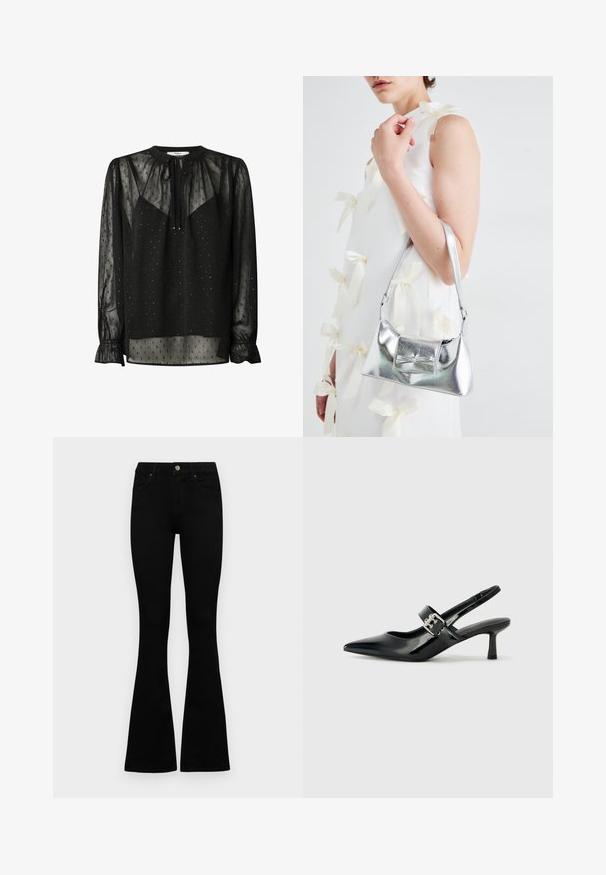 Fekete átlátszó blúz kör alakú nyakkivágással, hosszú ujjakkal és ráncolt mandzsettával. Kisebb négyzetmintákkal és kötött elejével rendelkezik.; Fekete, magas derekú farmernadrág gomb- és cipzárzárral, elülső zsebekkel és harangszárral, laposan egy fehér háttérre terítve.; Fekete lakkbőr slingback sarkú cipők hegyes orral és kis blokk talppal, ezüst csat díszítéssel a pánton.; Ezüst fémes kézitáska, struktúrált formával, felső fogantyúval és masnis részlettel az elején. Simaságával és fényes felületével tűnik ki.