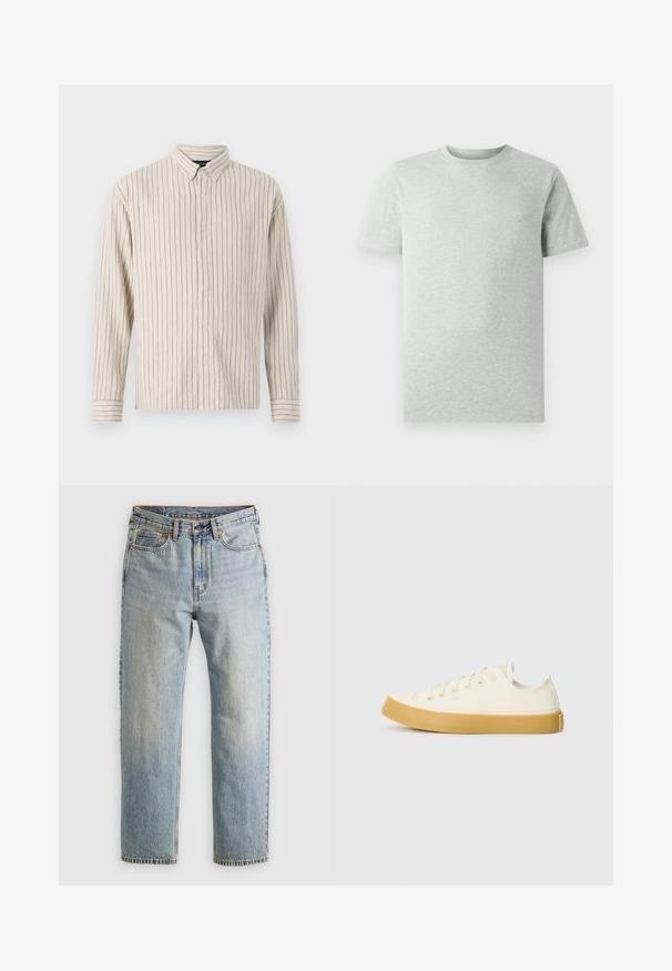 Košulja na dugih rukava u krem boji s vertikalnim prugama. Izrađena od teksturiranog materijala, ima ovratnik, duge rukave i prednje kopčanje na dugmad.; Jednobojna svijetlosiva majica kratkih rukava s okruglim izrezom prikazana na bijeloj pozadini, s prednje strane bez vidljivih logotipa ili dizajna.; Svijetloplave traperice visoki struk, prednji gumb, zatvarač i dizajn s pet džepova, položene ravno na neutralnoj pozadini.; Platnene tenisice u boji slonovače s okruglim vrhom, s bež gumenim potplatima i pet rupa za vezivanje, teksturalna površina na gornjem dijelu.