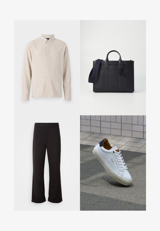 Kreemivärvi nööpidega särk, millel on vertikaalsed triibud. Valmistatud tekstureeritud kangast, omab kraed, pikkade varrukate ja ees nööpidega kinnitust.; Mustad sirgedega mustad püksid, valmistatud kergest kangast. Omavad klassikalist nuppude sulgemist ja rullitud ääri.; Valge nahast tennis, millel on tumesinine konts, ümmargune nina ja kontrastsed pruuni aktsendid. Omab lamepaelti ja tekstureeritud kummist tallat.; Tumedat mere nahkbriefcase kahekordsete ülemiste käepidemetega ja eemaldatava rihmaga. Omab tekstureeritud viimistlust, vertikaalset õmblust ja logodetaili.