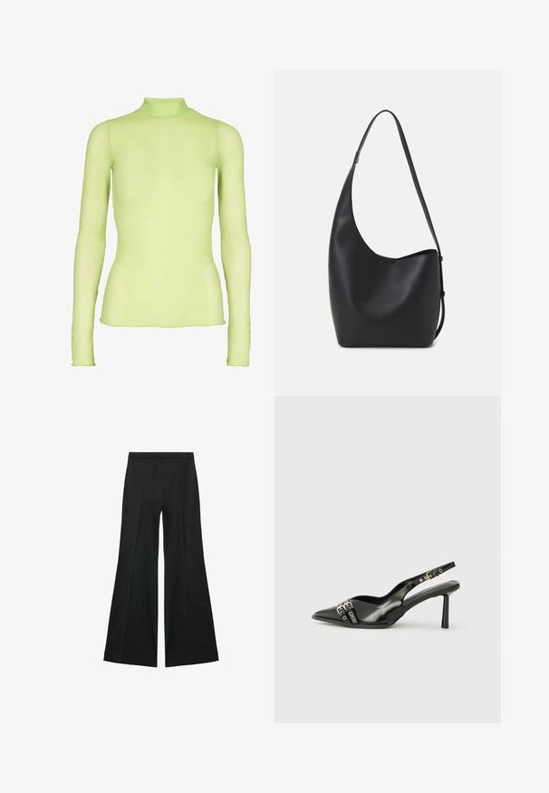 Long-sleeve top in light green, made of sheer fabric with a high neck. Features a fitted silhouette and slightly flared cuffs at the wrists.; Black wide-leg pants with a smooth texture, featuring front pleats and a tailored design. The fabric is lightweight and flowy.; Black patent leather slingback shoe with pointed toe, ankle straps featuring silver buckles and hardware, and a slender heel.; Black leather hobo bag with a smooth texture, curved shape, and single adjustable strap; features a wide opening at the top.