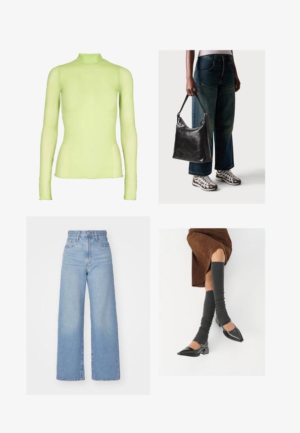 Top de manga larga en verde claro, hecho de una tela transparente y con cuello alto. Presenta una silueta ajustada y puños ligeramente acampanados en las muñecas.; Jeans de tiro alto y pernera ancha en azul claro, con cierre frontal de botón y cremallera, y bolsillos delantero y trasero, sobre un fondo blanco.; Zapatos de charol negros con punta afilada, tacón bloque y tira de tobillo, combinados con calentadores de piernas de canalé grises y una falda de ante marrón.; Bolso de hombro de cuero negro con una textura suave y correa ajustable, combinado con jeans de pierna ancha desgatados y zapatillas deportivas.