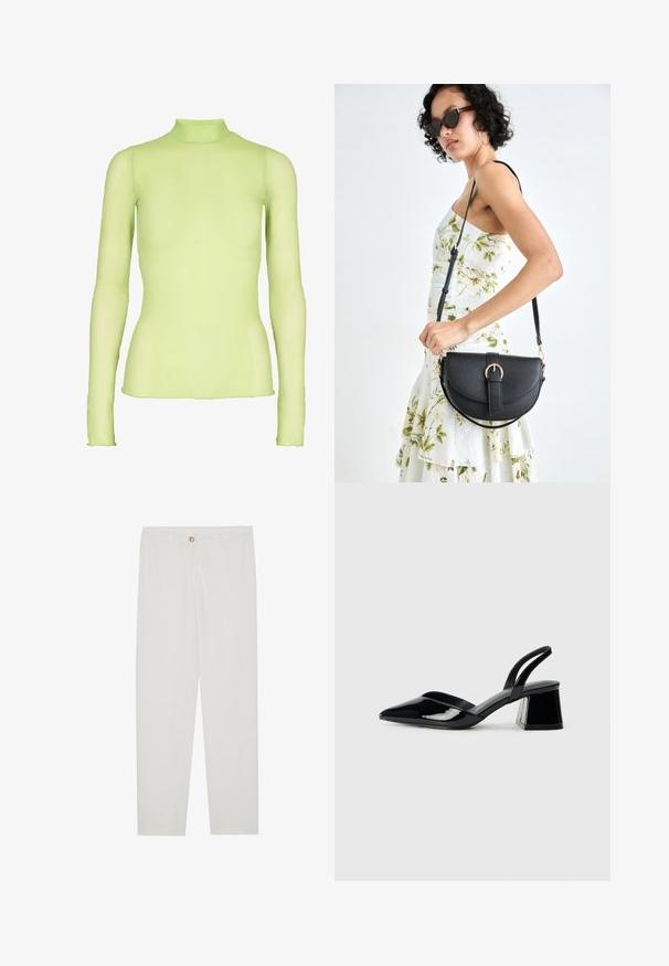 Lange ærmer top i lys grøn, lavet af gennemsigtigt stof med høj hals. Har en tætsiddende silhuet og let udvidede manchetter ved håndleddene.; Hvide, skrædderlavede bukser med lige ben design, udstyret med knaplukning, bæltesløjfer og sidelommer; glat stoftekstur.; Sorte patentlæder slingback hæle med spids tå og en geometrisk blok hæl. Har et elegant, minimalistisk design og en glat tekstur.; Sort læderhåndtaske med en buet form, aftagelig rem og guldfinish. Tasken har en klap med en spænde detalje.