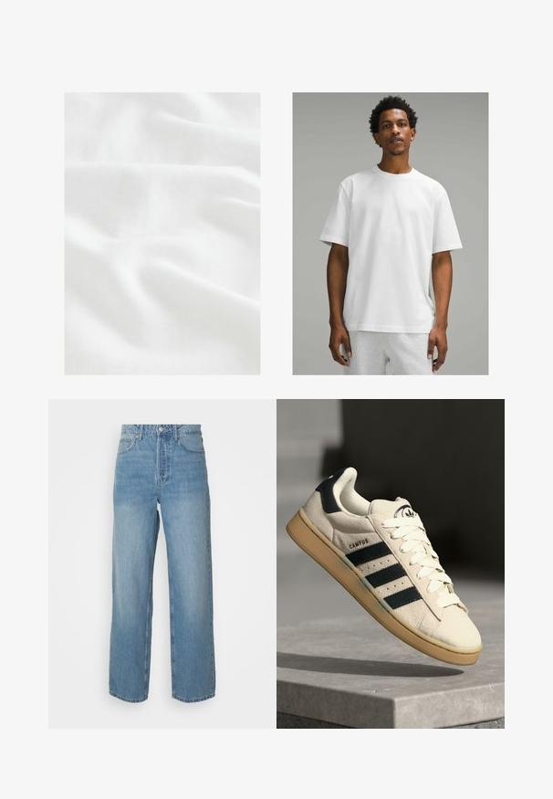 Next CUBAN COLLAR FIT - Camicia - white; T-shirt bianco in cotone a maniche corte, collo rotondo, vestibilità rilassata. Texture liscia, design semplice, senza motivi o accenti visibili.; Jeans in denim azzurro chiaro a vita alta con gamba dritta, chiusura frontale con bottone e styling a cinque tasche su sfondo uniforme.; Sneaker in suede beige con tre strisce blu scuro, lacci bianchi e suola in gomma beige. Presenta un logo sulla linguetta e il testo "CAMPUS".