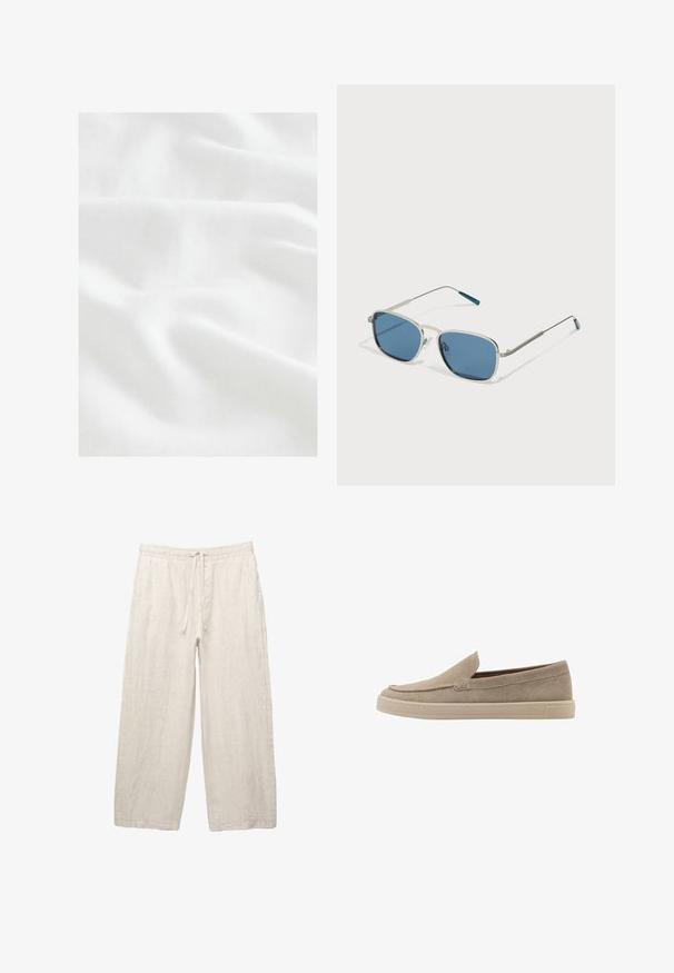 Next CUBAN COLLAR FIT - Hemd - white; Leinenhosen in hellbeige, mit einem elastischen Bund und Zugkordel, weitem Beinansatz und seitlichen Taschen. Glatte Textur.; Beige Wildleder-Slipper mit abgerundeter Spitze, niedrigem Profil und strukturiertem Finish. Mit dezenten Steppnähten entlang des Obermaterials.; Sonnenbrille mit einem silbernen Metallrahmen, rechteckigen blauen Gläsern und dünnen Bügeln. Verfügt über blaue Akzente an den Bügelspitzen.
