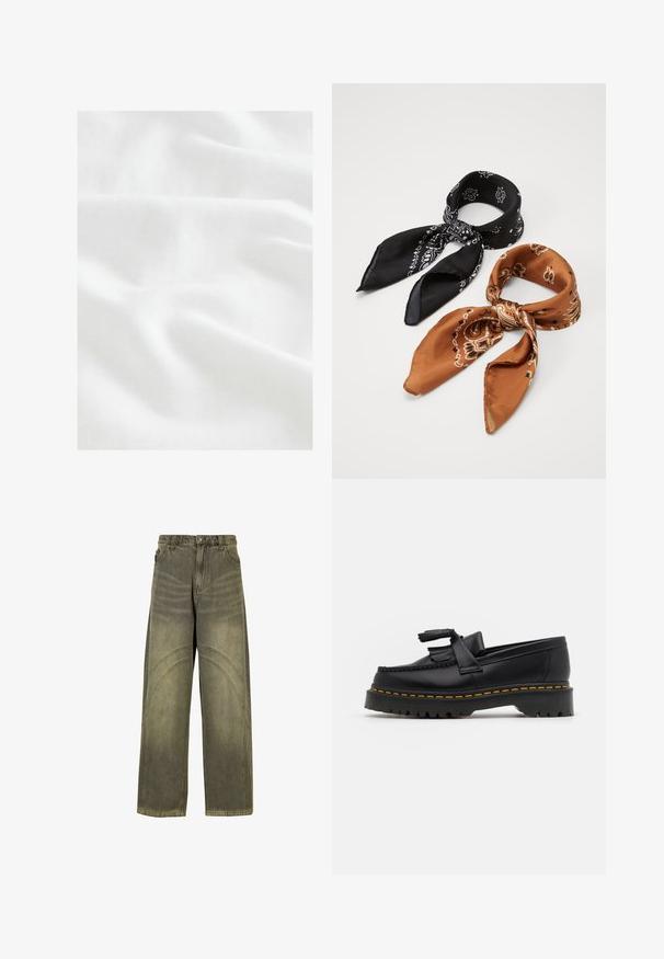 Next CUBAN COLLAR FIT - Košile - white; Široké džíny v olivově zeleném denimu, s zakřivenými švy, klasickým zapínáním na knoflík a vybledlým vzhledem.; Černé kožené mokasíny s třásněmi, se silnou černou podrážkou a žlutým prošíváním podél okraje. Texturovaný povrch.; Dvoje vzorovaných šálů: jeden černý s bílými vzory, druhý hnědý s oranžovými akcenty. Oba jsou vyrobeny ze saténu a mají špičaté konce.; Černý motýlek vyrobený z hladké látky, s úzkým, dlouhým tvarem a špičatým koncem, bez viditelných vzorů či akcentů.