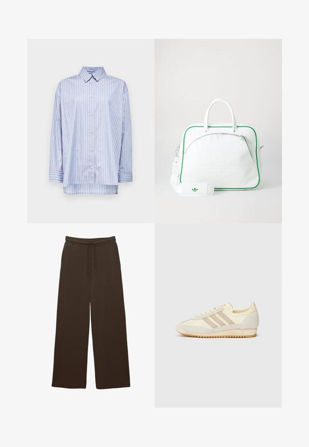 Won Hundred Hemdbluse - blue/red; Braune Weitbein-Hose aus weichem Material mit einem elastischen Bund und Kordelzug für eine verstellbare Passform.; Cremefarbene sportliche Sneakers mit drei beigen Streifen, aus Wildleder und Textilmaterialien, einer strukturierten Sohle und geprägtem Branding an der Ferse.; Weiße Lederhandtasche mit grünen Akzenten, ausgestattet mit einem auffälligen geprägten Logo, zwei Griffen, einem abnehmbaren Schulterriemen und einer Reißverschlusstasche auf der Vorderseite.