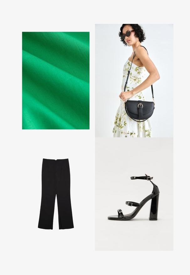 Heldere groene stof met een gladde textuur, met subtiele kreukels en vouwen. Het materiaal lijkt lichtgewicht en uniform van kleur.; Zwarte broek met een rechte pasvorm, voorzien van zijzakken en plooien aan de onderzijde. Gemaakt van zachte, gladde stof. Geschikt voor verschillende gelegenheden.; Zwarte gepatenteerde sandalen met hak en een vierkante neus, enkelbandjes en zilveren gespen. Heeft een stevige blokhak voor stabiliteit.; Zwarte leren handtas met een gebogen vorm, afneembare schouderband en gouden hardware. De tas heeft een klep met een gespsluiting.