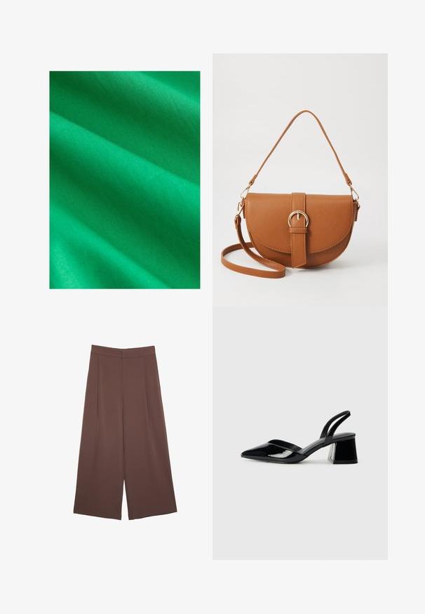 Světle zelená látka s hladkým povrchem, vykazující jemné vrásky a záhyby. Materiál se zdá být lehký a jednolitý v barvě.; Hnědé široké kalhoty s hladkou texturou, vysokým pasem a předními záhyby. Materiál je lehký a volně splývá.; Černé lakované kožené lodičky na pásku s špičatou špičkou a geometrickým blokovým podpatkem. Vyznačují se elegantním, minimalistickým designem a hladkým povrchem.; Hnědá kožená křížová taška s zakřiveným tvarem, zlatými detaily a akcentem s přezkou. Obsahuje odnímatelný popruh na rameno.