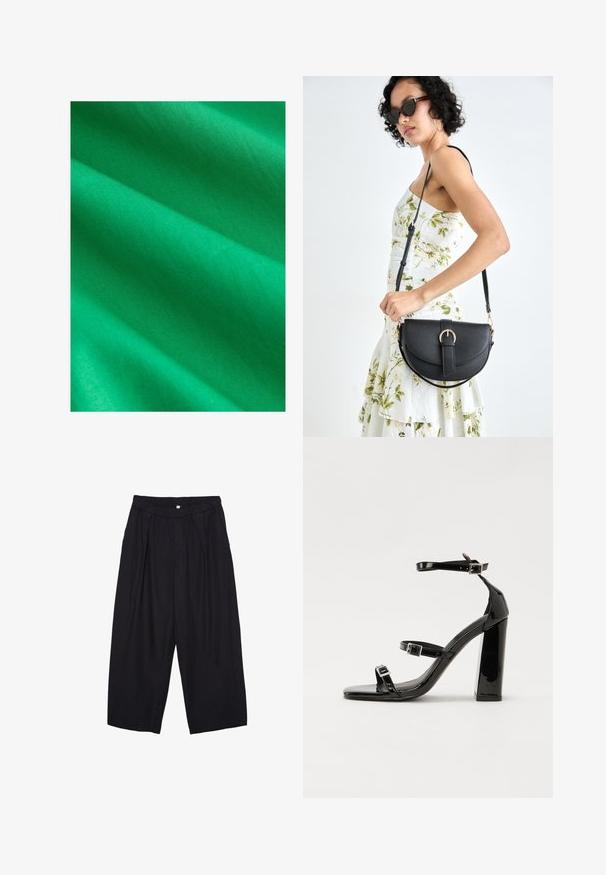 Helle grüne Stoff mit glatter Textur, der subtile Falten und Knicke zeigt. Das Material wirkt leicht und gleichmäßig in der Farbe.; Schwarze Polyester-Culotte mit einem elastischen Bund, zwei vorderen Falten und einer lockeren Silhouette. Keine sichtbaren Muster oder Hardware-Details.; Schwarze patentierte Sandalen mit Absatz, quadratischer Spitze, Knöchelriemen und silbernen Schnallen. Mit einem stabilen Blockabsatz für mehr Stabilität.; Schwarze Lederhandtasche mit geschwungener Form, abnehmbarem Tragegurt und goldenen Beschlägen. Die Tasche verfügt über einen Deckel mit einer Schnallen-Details.