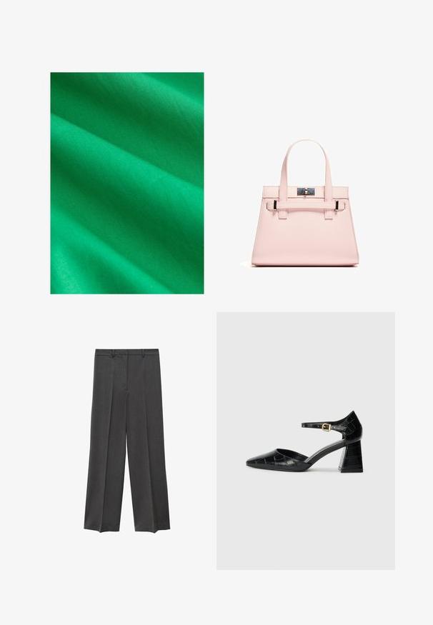 Țesătură verde strălucitoare cu o textură netedă, ce prezintă riduri și pliuri subtile. Materialul pare ușor și uniform ca și culoare.; Pantaloni gri cu picioare late, cu o textură netedă, cu pliuri în față și cusături pentru curea. Făcuți dintr-o țesătură ușoară.; Pantofii negri din piele lăcuită cu toc înalt, vârf ascuțit, curea la gleznă și model texturat de crocodil. Design cu toc pătrat.; Geantă structurată roz, confecționată din piele texturată, cu două mânere superioare, închidere cu clip și accente metalice contrastante.