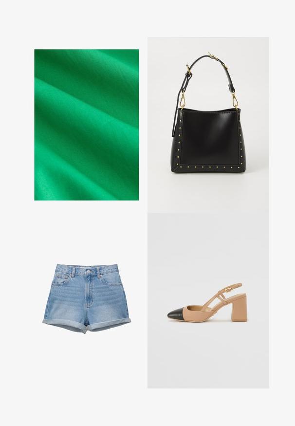 Světle zelená látka s hladkým povrchem, vykazující jemné vrásky a záhyby. Materiál se zdá být lehký a jednolitý v barvě.; Džínové šortky v světle modré barvě, vysokým pasem se zapínáním na knoflík, pěti kapsami a ohrnutými lemy. Hladká textura, klasický design.; Béžová lodička na podpatku se černou špičkou, čtvercovým vysokým podpatkem a dvěma popruhy, vyrobená z hladkého materiálu.; Černá kožená kabelka se strukturovaným tvarem, zdobená zlatými hroty podél okrajů a odnímatelným popruhem se zlatými kovovými detaily.