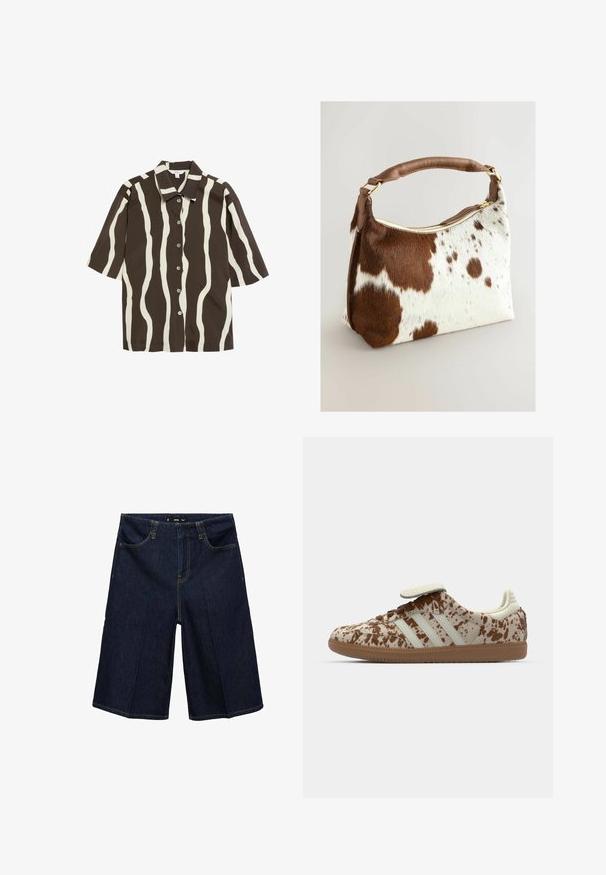 Korte mouw shirt met een bruine achtergrond en crèmekleurige golvende strepen, met een puntige kraag en knoopsluiting aan de voorkant.; Zwart haltertop gemaakt van gladde stof, met een gedraaide halslijn en een aansluitende uitstraling. Geen patronen of zichtbare hardware.; Donkerblauwe denim bermudashorts met een relaxte pasvorm, voorzien van twee voorkampen, gele stiksels en een tailleband met riemlussen.; Sneaker met een beige en bruine gespikkelde patroon, voorzien van drie witte strepen, een klittenbandsluiting en een bruine rubberen zool.; Koeienhuid handtas met een bruin en wit gespikkeld patroon, bruine leren band, gouden rits en zachte textuur. Gestructureerde vorm met ronde hoeken.