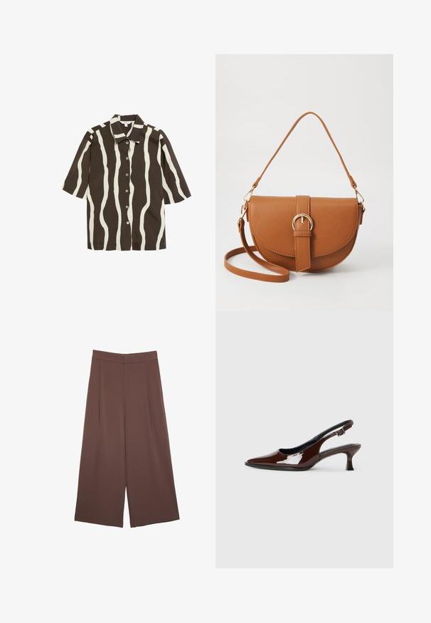 Kortærmet skjorte med en brun baggrund og krøllede cremefarvede striber, med en spids krave og knaplukning langs fronten.; Brune bredbunde bukser med en glat tekstur, der har høj talje og plisseringer foran. Stoffet er let og falder løst.; Brun patenteret læder slingback sko med spids tå og en moderat hæl. Har en spænde rem for en sikker pasform. Glat tekstur.; Brun læder crossbody taske med en buet form, guldfarvet hardware og en spændeaccent. Har en aftagelig skulderrem.