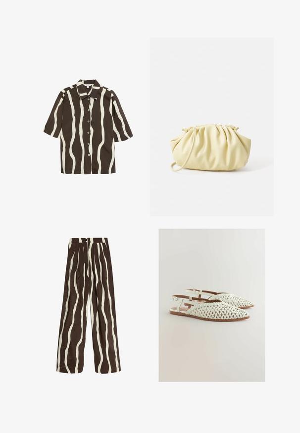 Korte mouw shirt met een bruine achtergrond en crèmekleurige golvende strepen, met een puntige kraag en knoopsluiting aan de voorkant.; Hoge taille wijdvallende broek met verticale golvende witte en donkerbruine strepen, voren met knoop, rits, en zijzakken.; Witte geweven slingback schoenen met puntige neuzen en bruine binnenzolen, voorzien van verstelbare enkelbandjes en platte zolen.; Geel geplooide handtas van soepel nepleer, met een zachte vorm, een enkele schouderriem en een verzameld ontwerp aan de bovenkant.