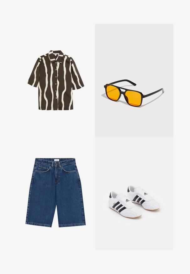 Short-sleeve shirt with a brown background and cream wavy stripes, featuring a pointed collar and button closure along the front.; Denim shorts in dark blue, featuring a five-pocket design, straight cut, and visible stitching accents. Smooth texture and mid-rise waist.; White athletic shoes with black stripes, featuring a suede-like texture, rounded toe, and a Velcro strap. Rubber outsole for traction.; Black rectangular sunglasses with bold orange lenses. Features a unique bridge design and sleek arms, crafted from lightweight material.