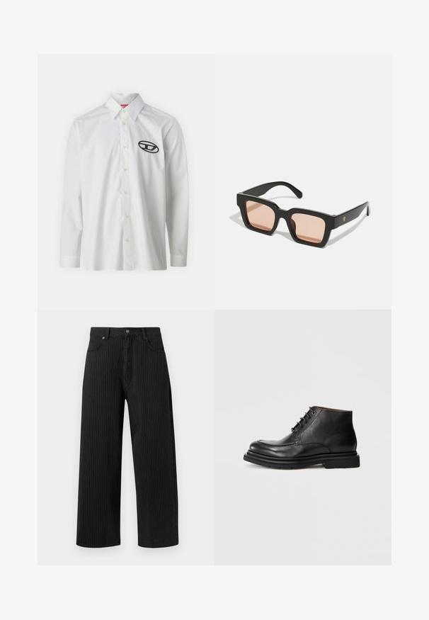 Camisa de algodón blanca de manga larga, con cuello tipo button-down y un logo bordado en negro en el lado izquierdo del pecho.; Pantalones de pierna ancha a rayas negras, confeccionados en algodón con un acabado texturizado. Presentan bolsillos frontales y un cierre de botón en la cintura.; Botín de cuero negro hasta el tobillo con cierre de cordones, punta redondeada y suela de goma gruesa sobre un fondo blanco liso.; Gafas de sol de plástico negro con montura rectangular y lentes tintados en rosa claro. Presentan un acento de logo en el costado.