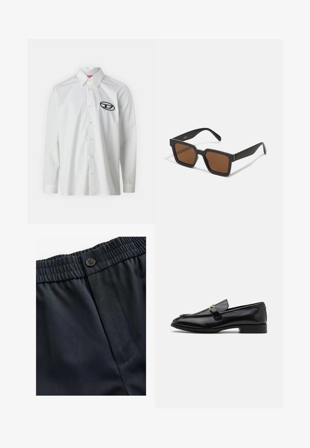 Camicia bianca a maniche lunghe in cotone, con colletto a bottoni e un logo ricamato nero sulla parte sinistra del petto.; Tessuto leggero di colore blu navy con una texture liscia. Presenta una cintura elastica con chiusura a bottone e una tasca laterale.; Mocassini in pelle nera con punta arrotondata, dettagli cuciti, tacco piccolo e un dettaglio in metallo dorato sulla cinghia. Texture liscia in tutto.; Occhiali da sole neri a forma quadrata con lenti marroni, caratterizzati da una finitura opaca e dettagli dorati sulla montatura. Il design è angolare con aste larghe.